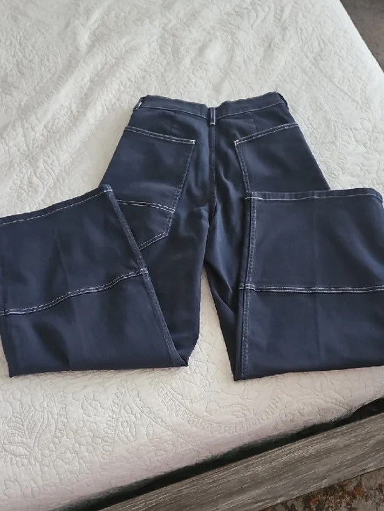 Everlane The Gardener Navy High-Rise Wide Leg Pants with White Stitching - Picture 5 of 7